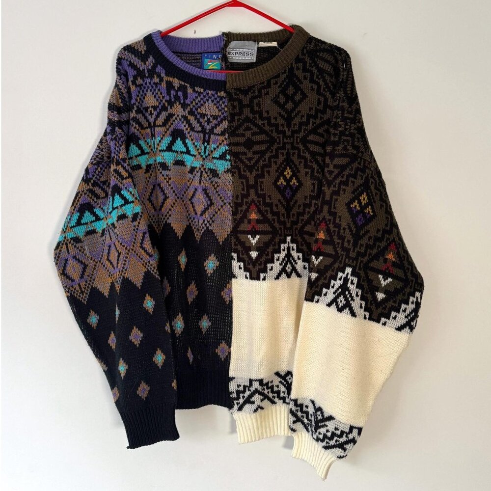 vintage reworked upcycled half and half unique split knit grandpa sweater large